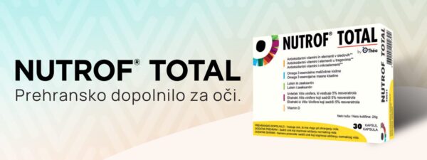 Nutrof® Total je prehransko dopolnilo za oči, ki vsebuje skrbno izbrano kombinacijo ključnih hranil za ohranjanje vida kot so cink1, očesu lastna pigmenta lutein in zeaksantin, omega-3 maščobne kisline2, vitamini3, minerali1,3 in resveratrol.